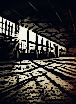 Long shadows in abandoned factory building on sunny summer day.